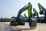 2025 Zoomlion ZE335G Crawler Excavator with its boom and arm extended, showcasing the lime green accent color.