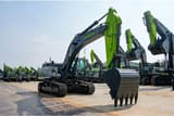 2025 Zoomlion ZE335G Crawler Excavator with its boom and arm extended, showcasing the lime green accent color.