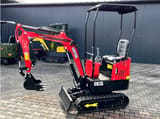 2025 Captok CK13 Mini Excavator with its red boom and arm extended forward, showing the bucket and dozer blade.