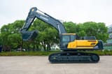 2026 Hyundai HX505L Crawler Excavator side view, showing the full length of the dark grey tracks and undercarriage.