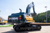 2026 Hyundai HX375L Crawler Excavator from the rear, emphasizing the large HYUNDAI counterweight.