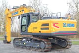 2023 XCMG XE380E Crawler Excavator with a yellow body, showcasing the right side of the engine compartment.