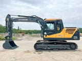 2025 Hyundai R140L Crawler Excavator with a dark grey boom and arm extending forward, equipped with a digging bucket.