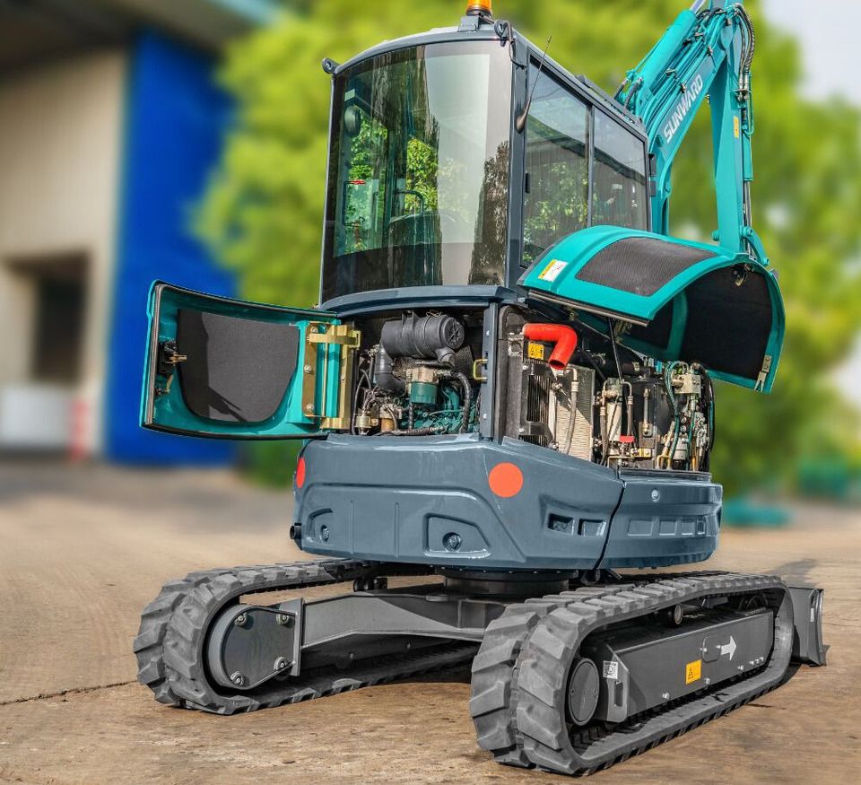 2026 Sunward SWE35UF mini excavator rear view with engine compartment open