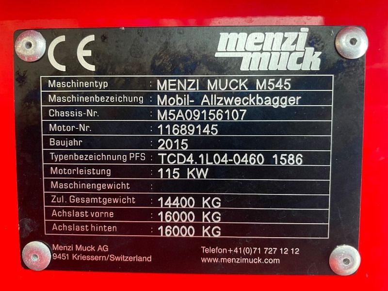 2015 Menzi Muck M545 walking excavator identification plate