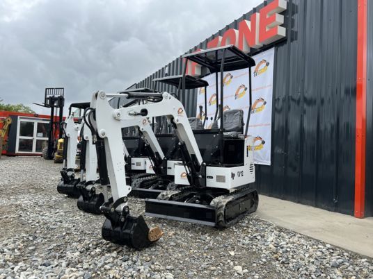 JPC KV12 mini excavator, front three-quarter view