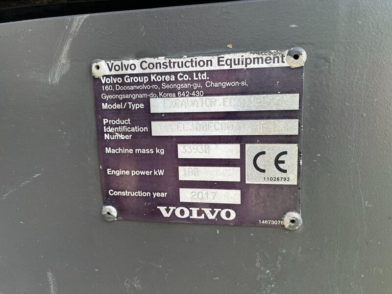 2017 Volvo EC300EL crawler excavator identification plate
