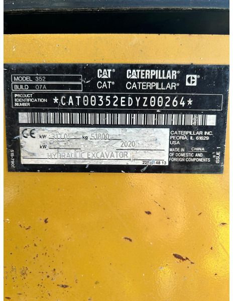 2020 Caterpillar 352-07A crawler excavator identification plate 2020 Caterpillar 352-07A crawler excavator identification plate