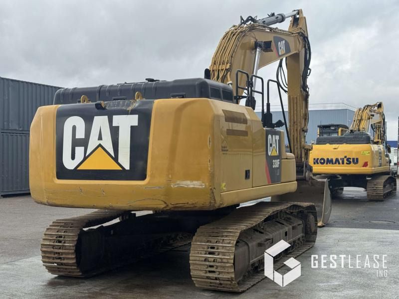 2019 Caterpillar 330FLN crawler excavator, rear three-quarter view