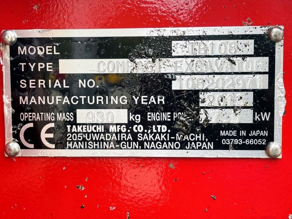 2013 Takeuchi TB108 mini excavator identification plate