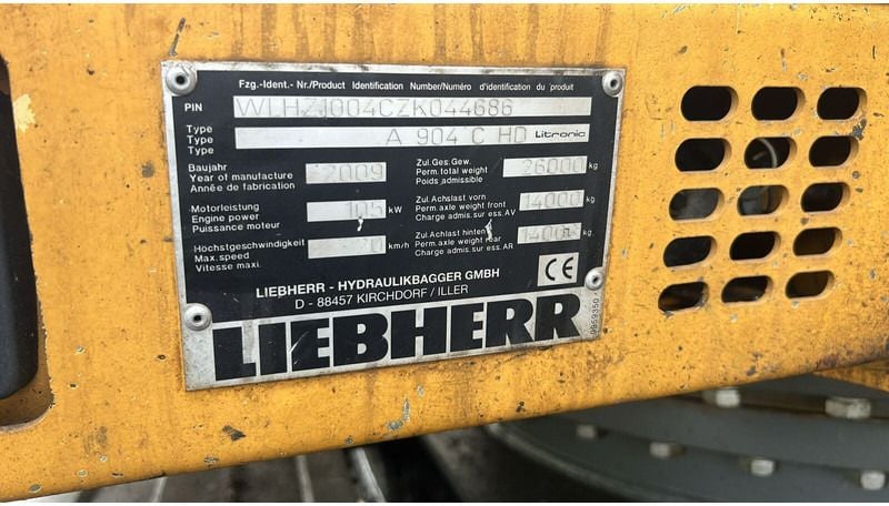 Liebherr A904 C HD 2009 identification plate