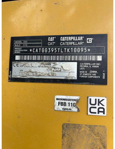 2022 Caterpillar 395-07A crawler excavator identification plate