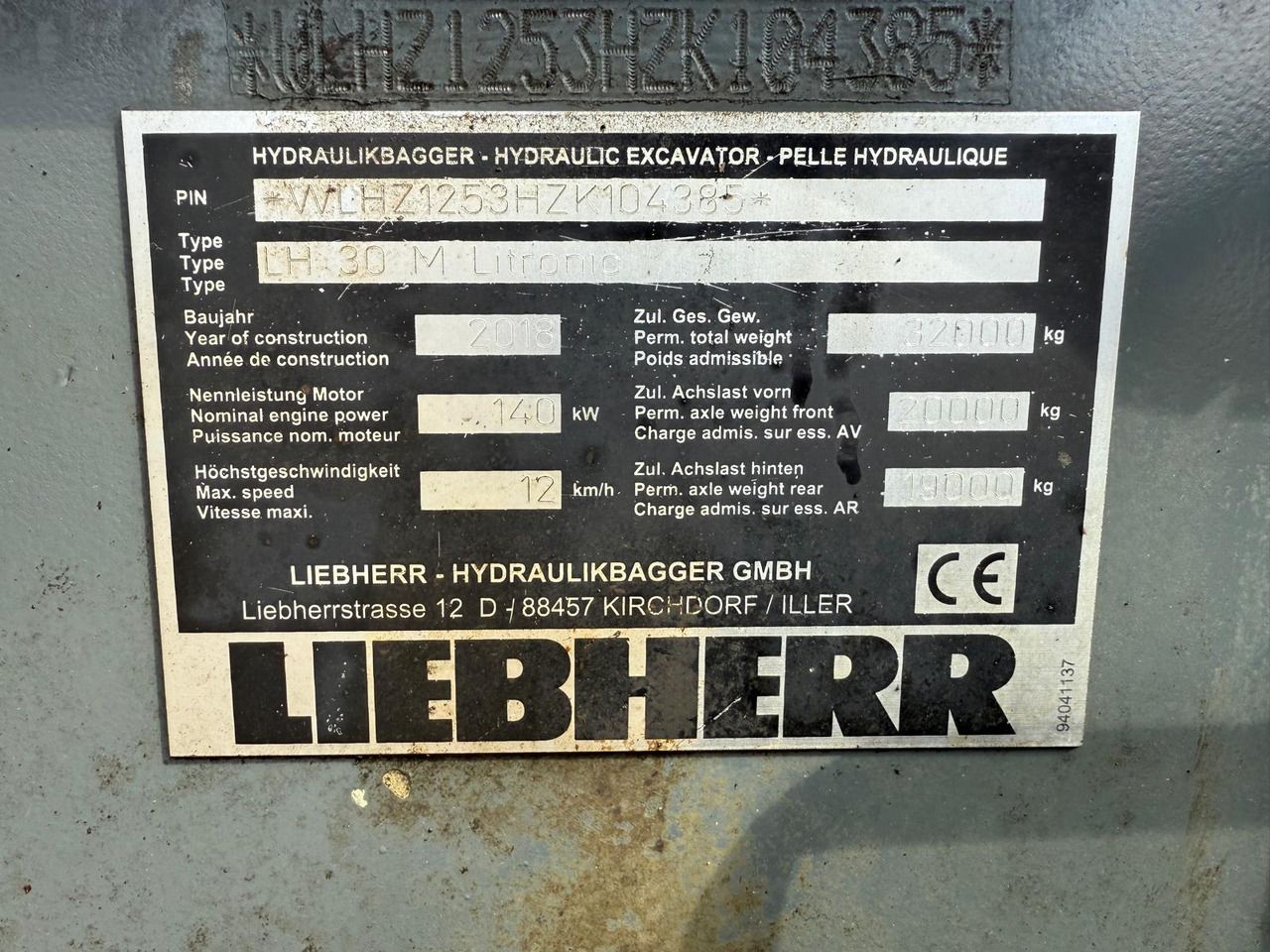 2018 Liebherr LH30 M Litronic identification plate