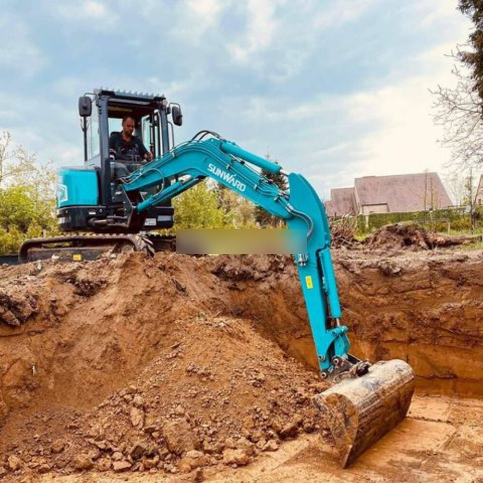 2026 Sunward SWE35UF Mini Excavator with a teal body and a side view of the cab and operator.