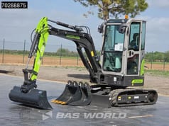 2024 Zoomlion ZE26GU Mini Excavator with a lime green boom and arm, displaying three different black digging buckets.