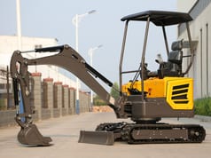 2025 Müller Machinery MB 20-SH Mini Excavator from the side, with its boom extended forward and the bucket resting on the ground.