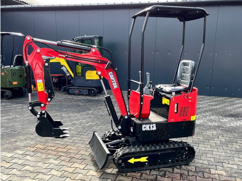 2025 Captok CK13 Mini Excavator with its red boom and arm extended forward, showing the bucket and dozer blade. 2025 Captok CK13 Mini Excavator with its red boom and arm extended forward, showing the bucket and dozer blade.