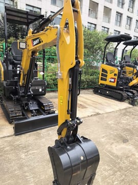 Sany SY16C mini excavator, front view of boom and bucket
